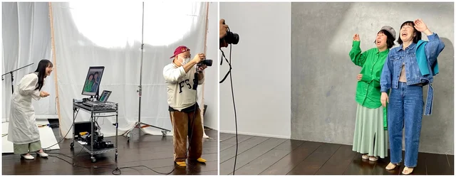 （右）阿佐ヶ谷姉妹に声をかけるいげちゃんとISACさん（左）撮影中のISACさんと阿佐ヶ谷姉妹