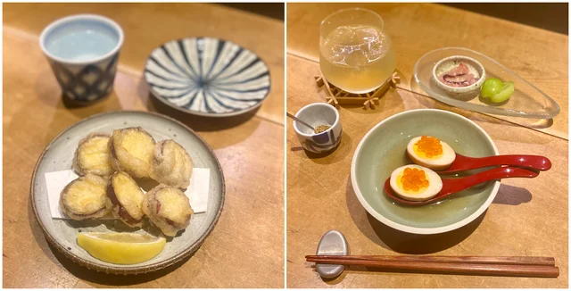 金沢・片町グルメ『ちくわ』（左）「五郎島金時の天ぷら」（￥440）（右）「ちくわのたまご」（￥440）と、お通しの　とシャインマスカット（￥500）