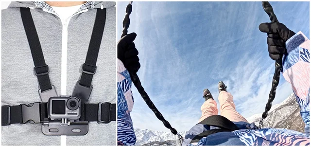 （左）ハーネスにカメラを固定できる「チェスティー」（右）ブランコ乗車中の目線に似たシーンの撮影も可能！