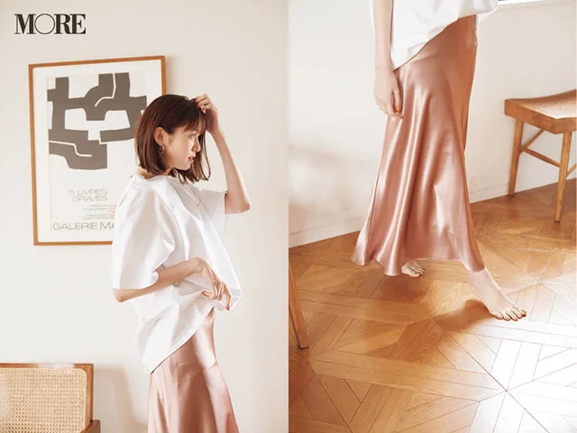 ピンクのサテンスカートをはいた佐藤栞里