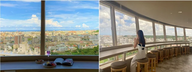 『ノボテル沖縄那覇』プレミアラウンジの昼間の様子（左）窓からの景色（右）カウンター席