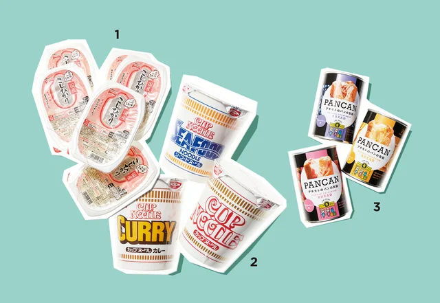 国産こしひかり1食各￥138（価格は編集部調べ）／テーブルマーク、（右）カップヌードル・（中）カップヌードル シーフードヌードル・（左）カップヌードル カレー各￥231（価格は編集部調べ）／日清食品、PANCAN 賞味期限3年シリーズ（ストロベリー・ブルーベリー・オレンジ）各￥430／パン・アキモト