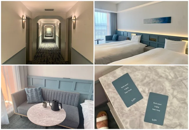 レクー沖縄北谷スパ＆リゾート、（左上）いちいち可愛い廊下の様子（右上）オリジナル快眠枕と寝心地抜群のベッド（右下）つい写真に残したくなるルームキー（左下）おしゃれ度抜群のソファとテーブルとケトル
