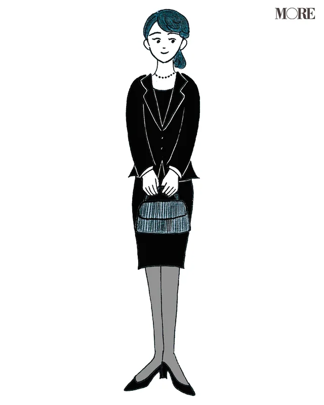 マナーブック冠婚葬祭食事編　【お葬式のマナー】お通夜・葬儀の礼儀作法。喪服を着た女性のイラスト