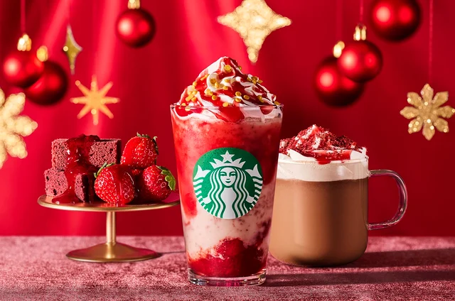 スタバ新作、2022クリスマス「ストロベリー ＆ ベルベット ブラウニー フラペチーノ」、「ストロベリー ＆ ベルベット ブラウニー モカ」