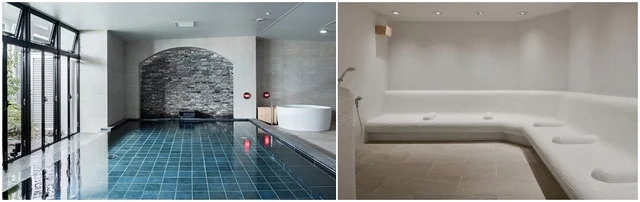 レクー沖縄北谷スパ＆リゾート（左）大浴場。窓から日が差し込み気持ちがいい。（右）ミストサウナは白を基調にした空間 お皿なども可愛いので注目してみて！