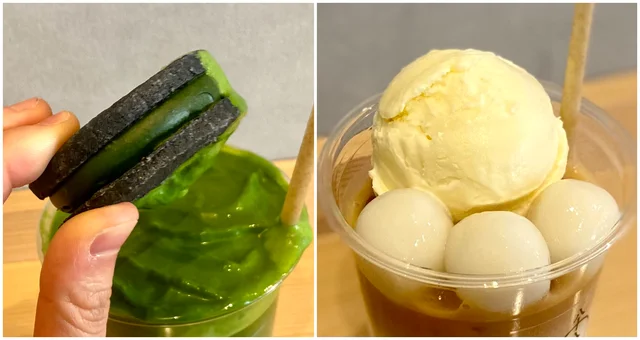 京都発の日本茶スタンド『八十八 浅草』メニュー「抹茶ラテ壱」と「和紅茶ラテ」トッピング寄り