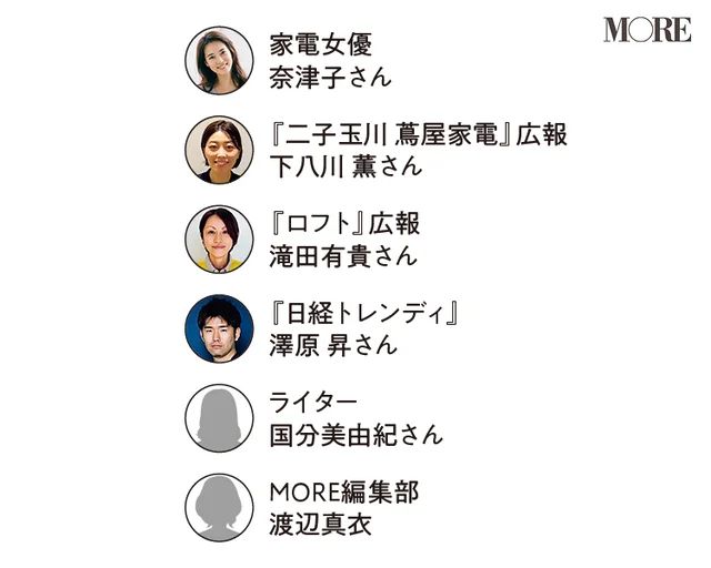 仕事効率化おすすめガジェットを選んだ家電女優の奈津子さん、『二子玉川 蔦屋家電』広報の下八川 薫さん、『ロフト』広報の滝田有貴さん、『日経トレンディ』の澤原 昇さん、ライターの国分美由紀さん、MORE編集部の渡辺真衣