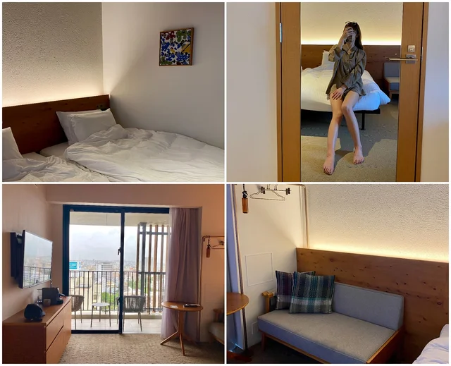 ホテル ストレータ 那覇（左上）ダブルベッド（右上）寝室とバスルームを仕切るドアは鏡付きで部屋を広く見せる工夫が。（右下）チェックのクッションが可愛い。（左下）窓からは那覇市内を一望できる。