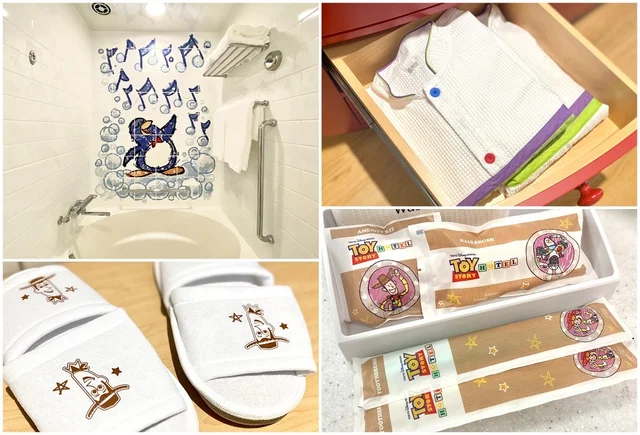 トイ・ストーリーホテル　客室（左上から時計回りに）ウィージーが描かれたバスルーム、バズをイメージさせるパジャマ、各種アメニティ、スリッパ