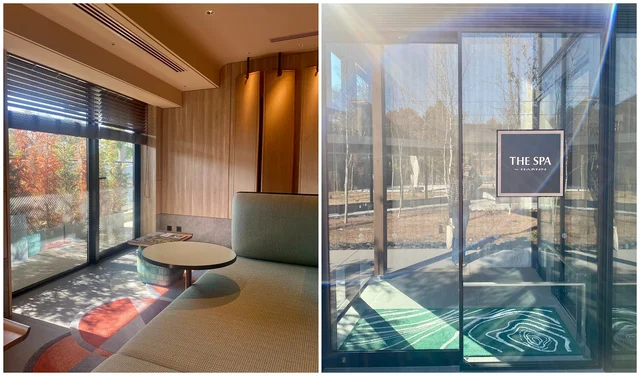 ホテルインディゴ軽井沢、（左）スパのフロントがある空間にも自然光がたっぷりと差し込みます （右）スパ（大浴場）入口の様子。客室棟とは別の棟です