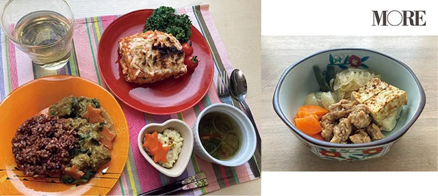 (左)『MtoM』のカレールーと大豆ミートで作るほうれん草のカレー。(右)大豆ミートとヴィーガンのだしで作った煮物