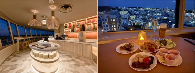 『ノボテル沖縄那覇』プレミアラウンジの夜の様子（左）軽食が並ぶテーブル（右）席での食事と眺め