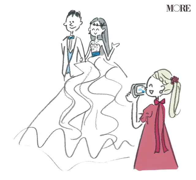 マナーブック冠婚葬祭食事編　【結婚式のお呼ばれマナー】招待状・ご祝儀・服装の基本。新郎新婦を撮影する女性のイラスト