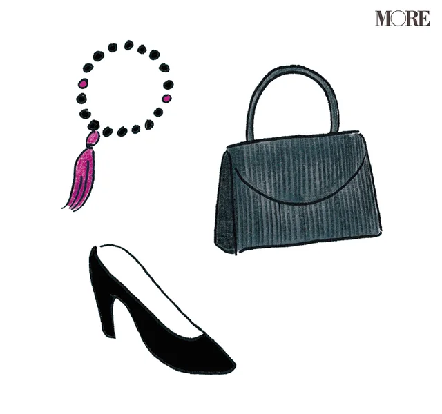 マナーブック冠婚葬祭食事編　【お葬式のマナー】お通夜・葬儀の礼儀作法。喪服の小物のイラスト