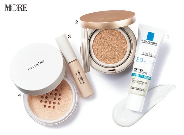 花粉による肌荒れカバーにおすすめのラ ロッシュ ポゼのUVイデア XL プロテクショントーンアップ クリア、エトヴォスのミネラルグロウスキンクッション、ネイチャーズウェイのナチュラグラッセ ブライトタッチ リキッド、ネイチャーズウェイのナチュラグラッセ ルースパウダー