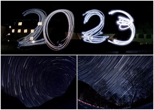 「Gopro HERO11 Black」で撮影した（上）ライトペインティング（下）星空。夜間とは思えない映りにビックリ！