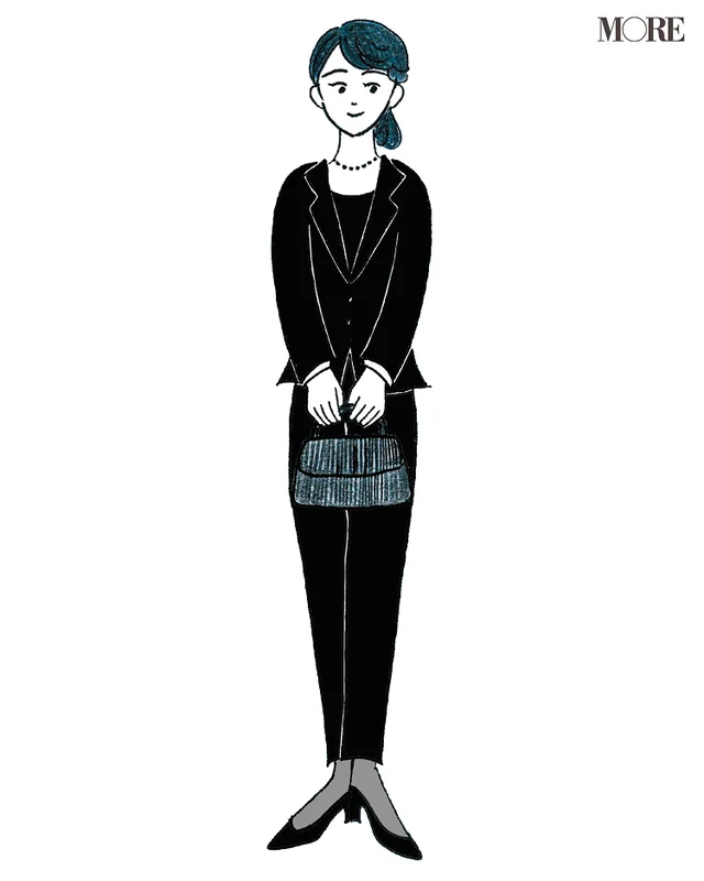 マナーブック冠婚葬祭食事編　【お葬式のマナー】お通夜・葬儀の礼儀作法。パンツスタイルの喪服を着た女性のイラスト