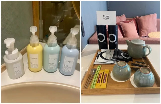 グッド ネイチャー ホテル キョウトのアメニティや客室設備（左）『NEMOHAMO』のアメニティ類（右）1階「グッド ナチュラル マーケット」で販売されている、カカオをアップサイクルして作られたお茶のティーパックや、給水器から水を注げるタンブラーなど