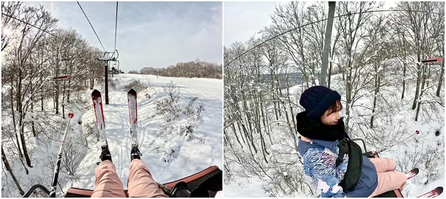 雪山でリフト乗車中の足元と女性の横顔