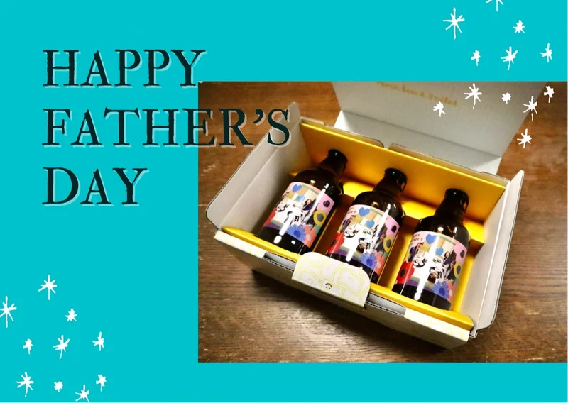 自分の家族写真をラベルにプリントした瓶ビール３本、それらが入った箱