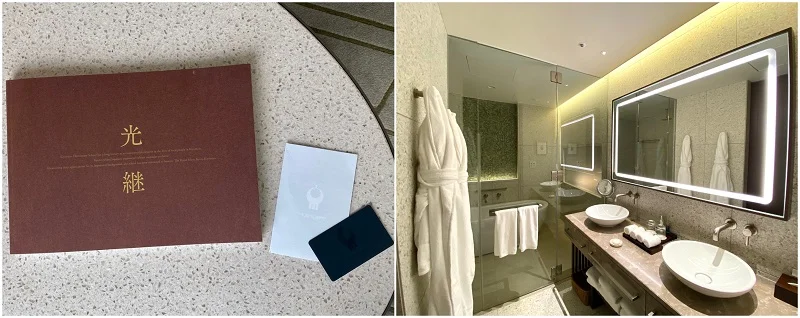 『ザ・ホテル青龍 京都清水』の部屋「スーペリアキング」タイプ（左）『ザ・ホテル 青龍』の歴史が分かるBOOKとルームキー（右）広々バスルーム&バスタブ。アメニティは世界中で愛される『ナチュラビセ』