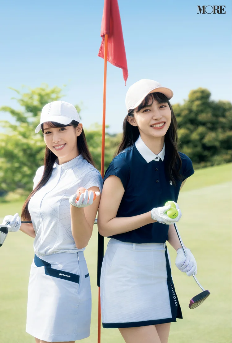 ゴルフ場でゴルフウェアを着た鷲見玲奈と井桁弘恵