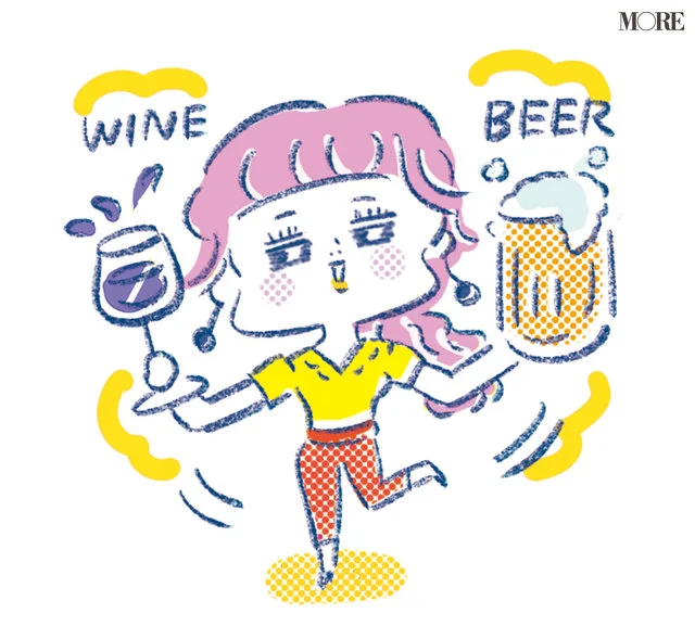 ビールとワインを楽しむ女性のイラスト