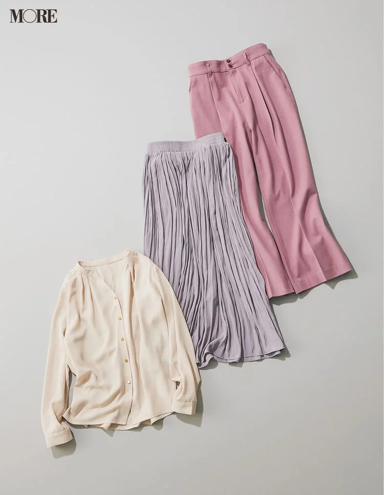 Visのピンクのパンツ、モーブカラーのプリーツスカート、ブラウス