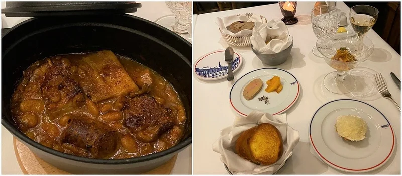 フレンチレストラン『ブノワ 京都』のディナーメニュー例（左）メイン料理「カスレブノワ風、白いんげん豆」（右）前菜「選べる3種のオードブル」やバゲット