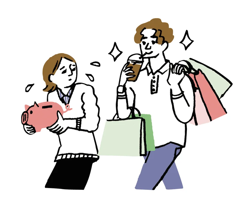 貯金箱を抱える女性と買い物袋を複数さげる男性のイラスト
