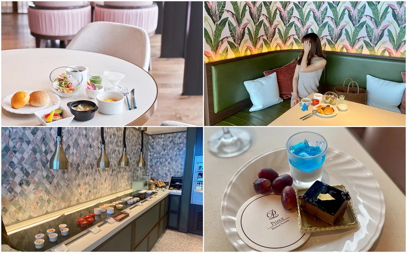 沖縄プリンスホテル オーシャンビューぎのわん（左上から時計回りに）朝食のイメージ。ラウンジの椅子やテーブルもおしゃれ♡ ソファー席はボヘミアンな壁紙がキャッチー。ティータイムのスイーツもおいしい。料理が並ぶスペースも可愛い。
