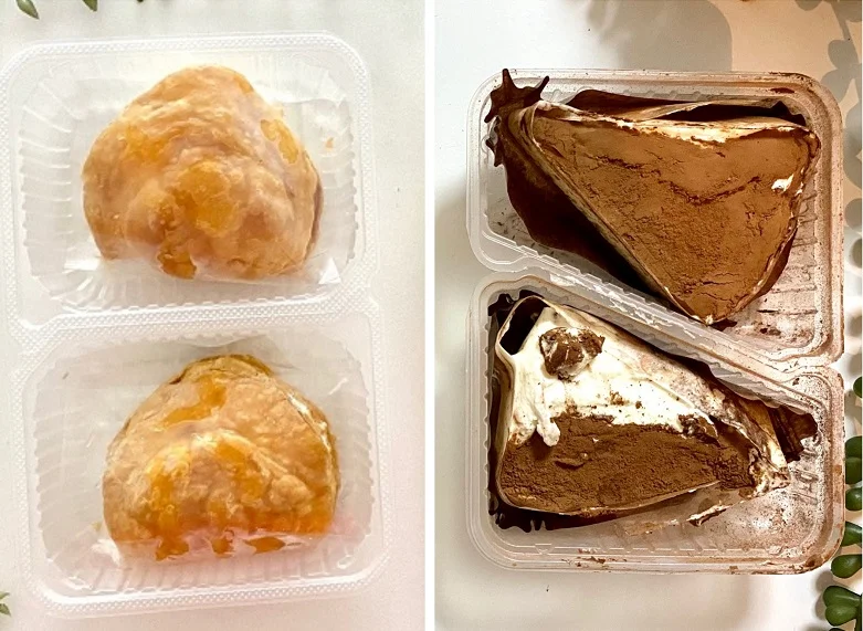ローソンの冷凍スイーツ「アップルパイ」と「ティラミス」のパッケージと、袋から取り出した実物