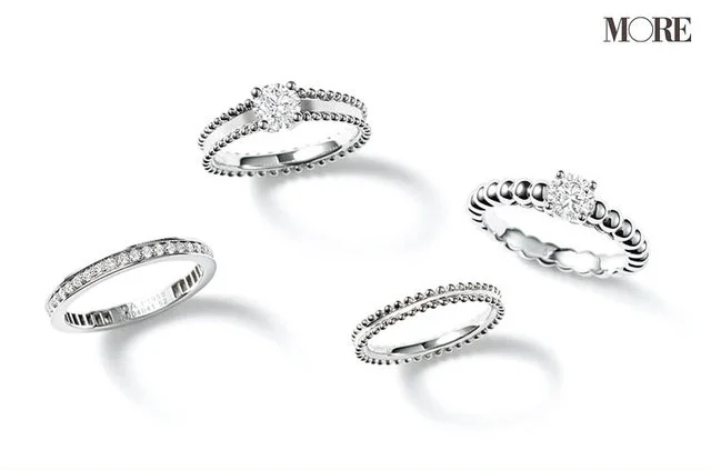 ヴァンクリーフ＆アーペルの結婚指輪（上からペルレ ソリティア、エステルマリッジリング、エステル ソリティア、ロマンスエタニティリング