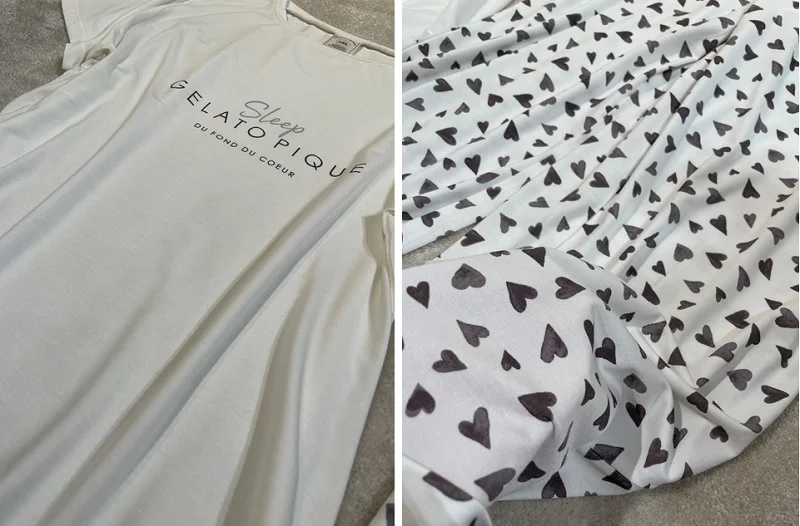 ジェラートピケ、Tシャツと柄パンツの寄り