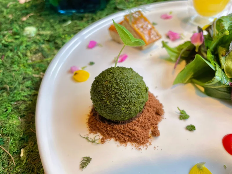 埼玉・熊谷《おふろcafe ハレニワの湯》の花やハーブを摘む体験型アフタヌーンティー《食べるフラワーガーデン》のストロベリームースの苔玉