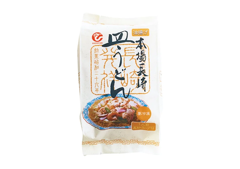 長崎県のおすすめお取り寄せグルメ「白雪食品」の皿うどん、パッケージ