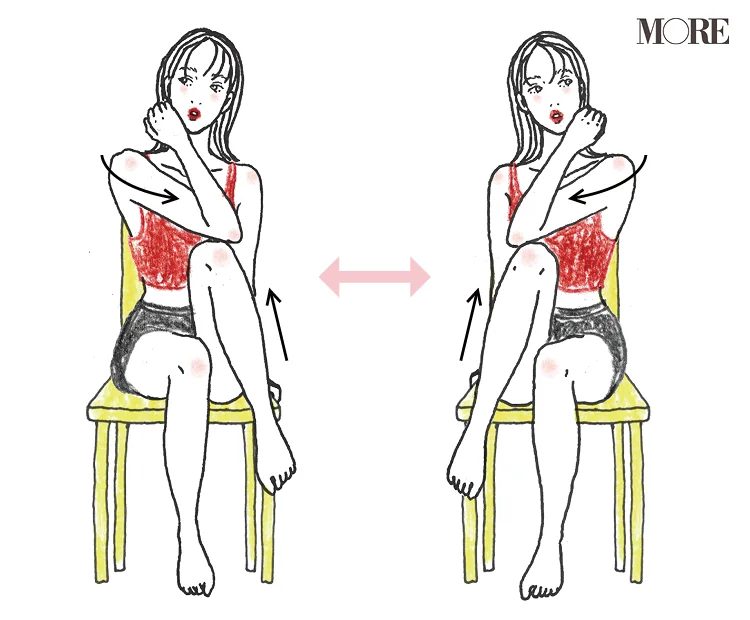 椅子に座りながら上半身をひねって肘と膝をつける女性のイラスト