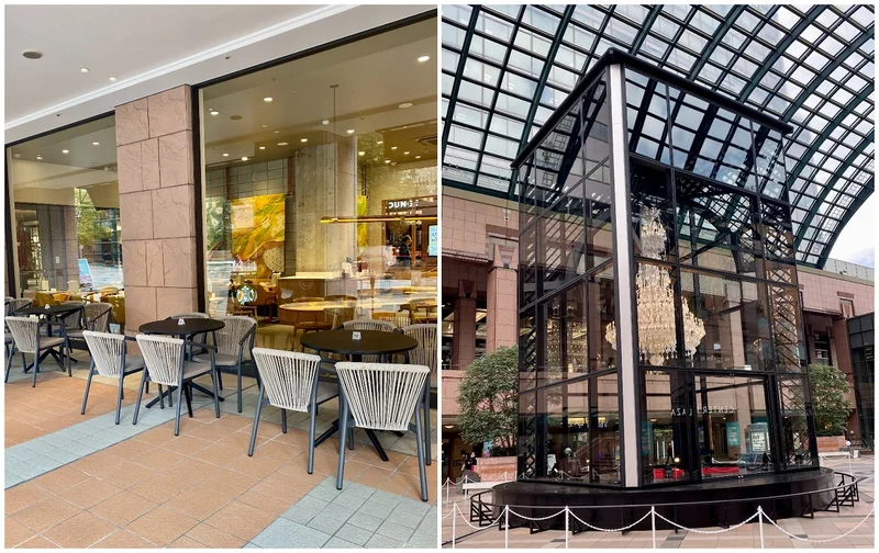 「スターバックス コーヒー 恵比寿ガーデンプレイス センタープラザB1店」テラス席と、そこから見たバカラのシャンデリア