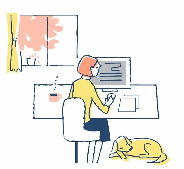在宅勤務でパソコンを開く女性のイラスト