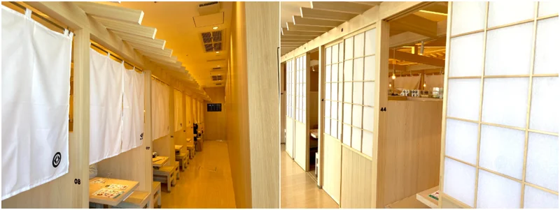 「くら寿司 原宿店」（左）のれん付きの半個室（右）ボックスシート