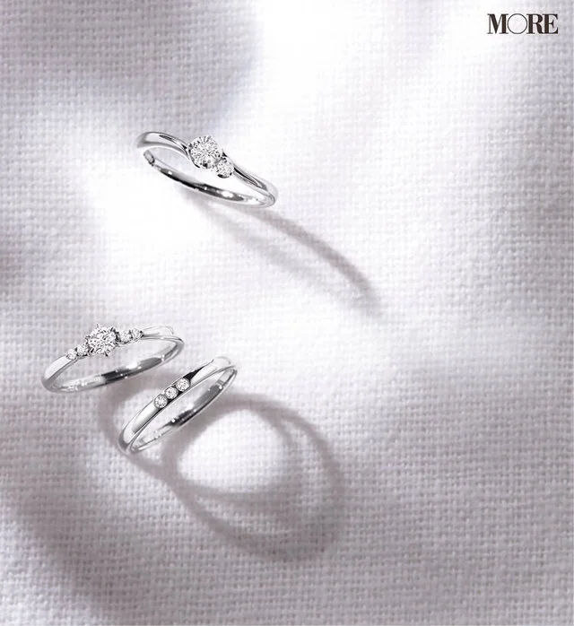 カナル 4℃の結婚指輪（上から「あなたを愛しています」デザインのリング、大粒ダイヤモンドのリング、パーフェクトプラチナのリング