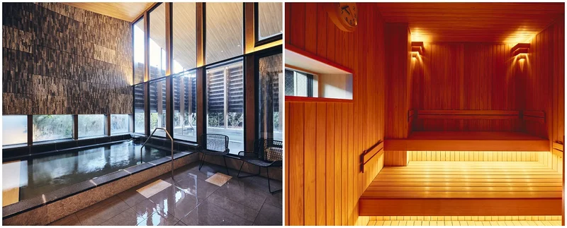ホテルインディゴ軽井沢、（左）中と外、ふたつの風呂が用意された大浴場、（右）ドライサウナの様子