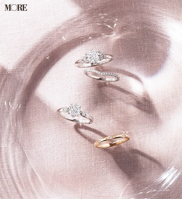 スタージュエリーの結婚指輪（上から新作ダイヤモンドリング、鍛造製法で作られたリング、ダイヤモンドリング、太陽をイメージしたリング