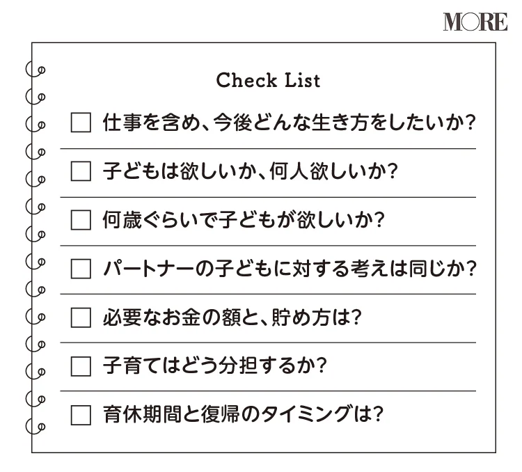 自分の生き方チェックリスト。「今後どんな生き方をしたいか？」「子どもは欲しいか、何人欲しいか」「何歳くらいで子どもが欲しいか」「パートナーの考えは同じか？」「必要なお金の額と、貯め方は？」「子育ての分担は？」「育休機関と復帰のタイミングは？」