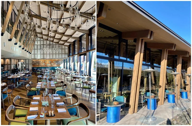 軽井沢レストラン「KAGARIBI」の（左）木をふんだんに使った空間、（右）暖かい日にはテラス席が◎