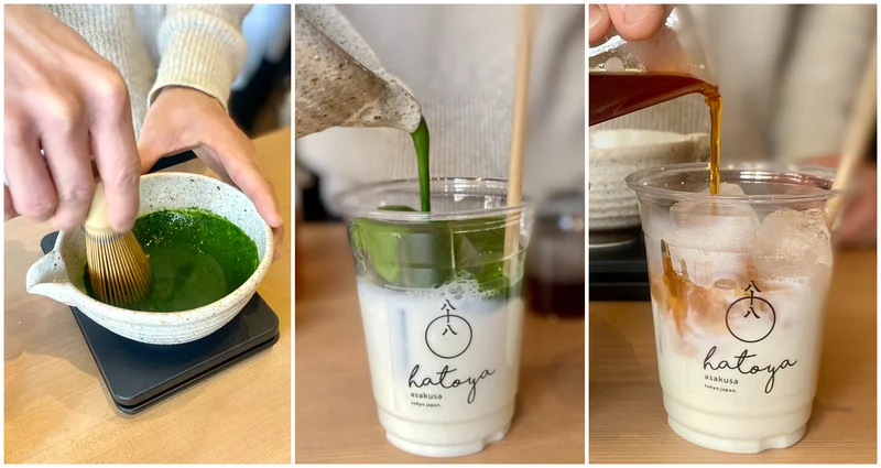 京都発の日本茶スタンド『八十八 浅草』でラテを作っているシーン