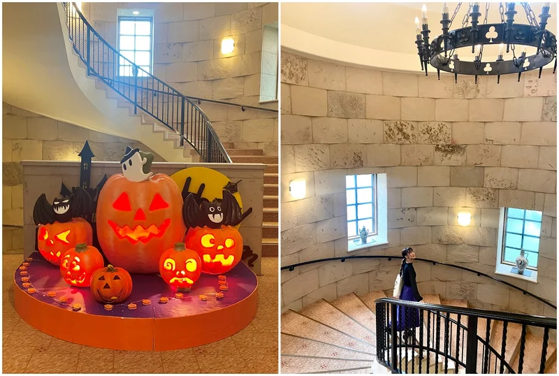 館内の様子。（左）ハロウィン限定の装飾（右）螺旋階段での写真はドラマチック！