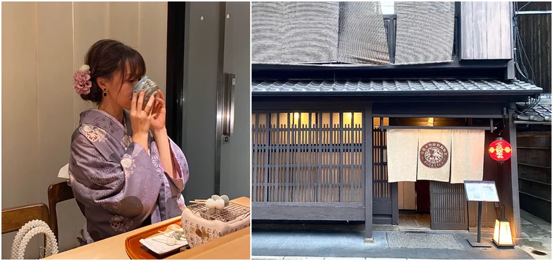 京都おしゃれ、おすすめカフェ（左）町屋らしい風情ある店構えの「イクスカフェ 祇園新橋店」、（右）店内カウンター席の様子