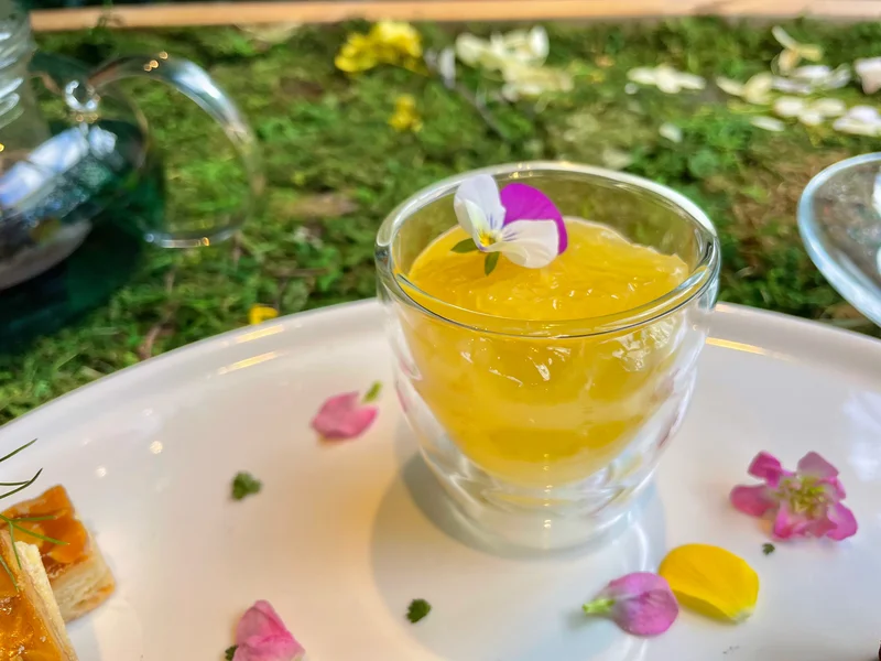 埼玉・熊谷《おふろcafe ハレニワの湯》の花やハーブを摘む体験型アフタヌーンティー《食べるフラワーガーデン》のはっさくのジュレ